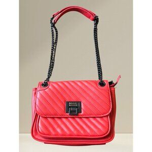 Badgley Mischka Red Quilted Vegan Leather Black Metal Shoulder To Crossbody Bag